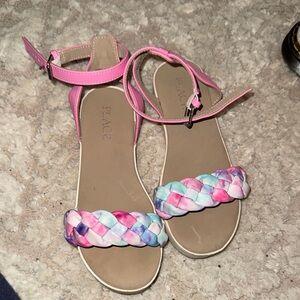 Girls Pink Ankle Strap Sandals with Multicolor Braided Front